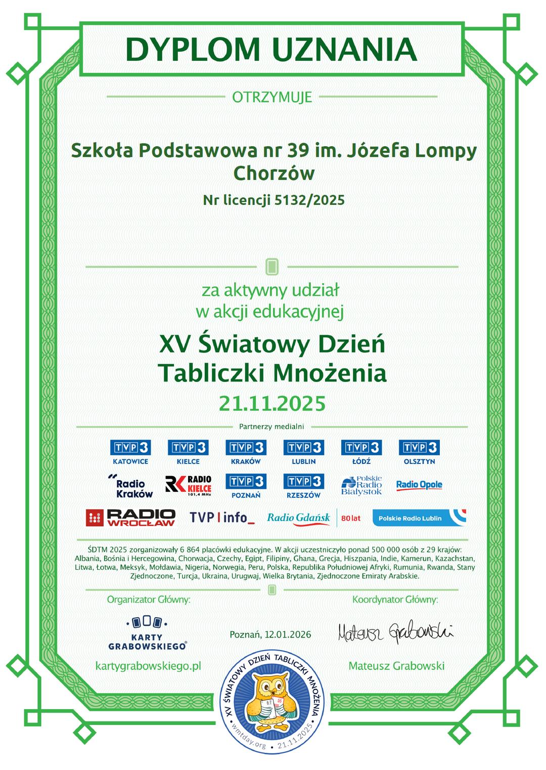 Dyplom Tabliczka Mnożenia 2025